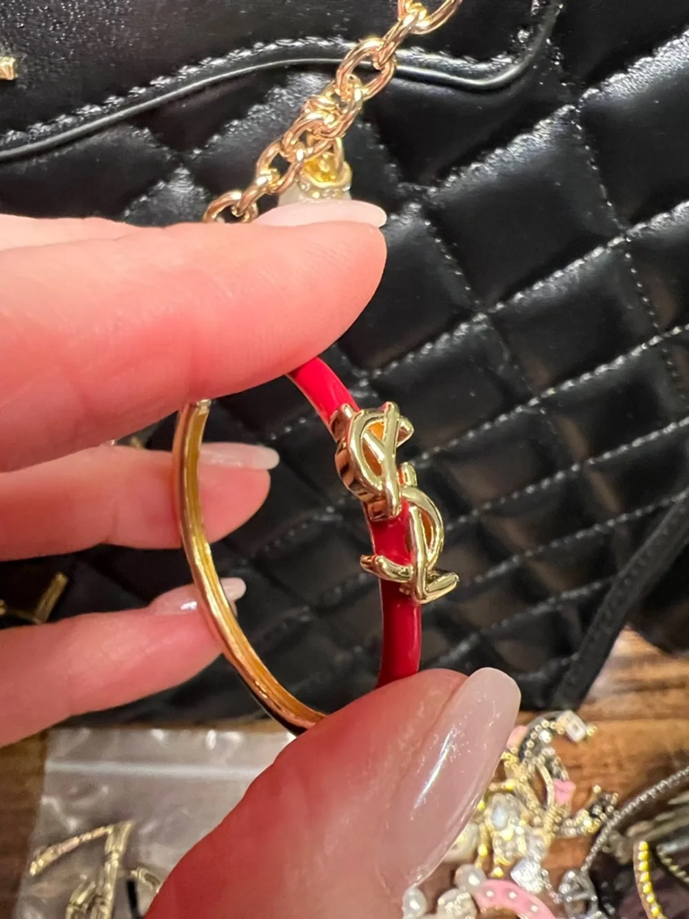 Gold Emblem Red Enamel Hoop Earrings - Picture 4 of 10